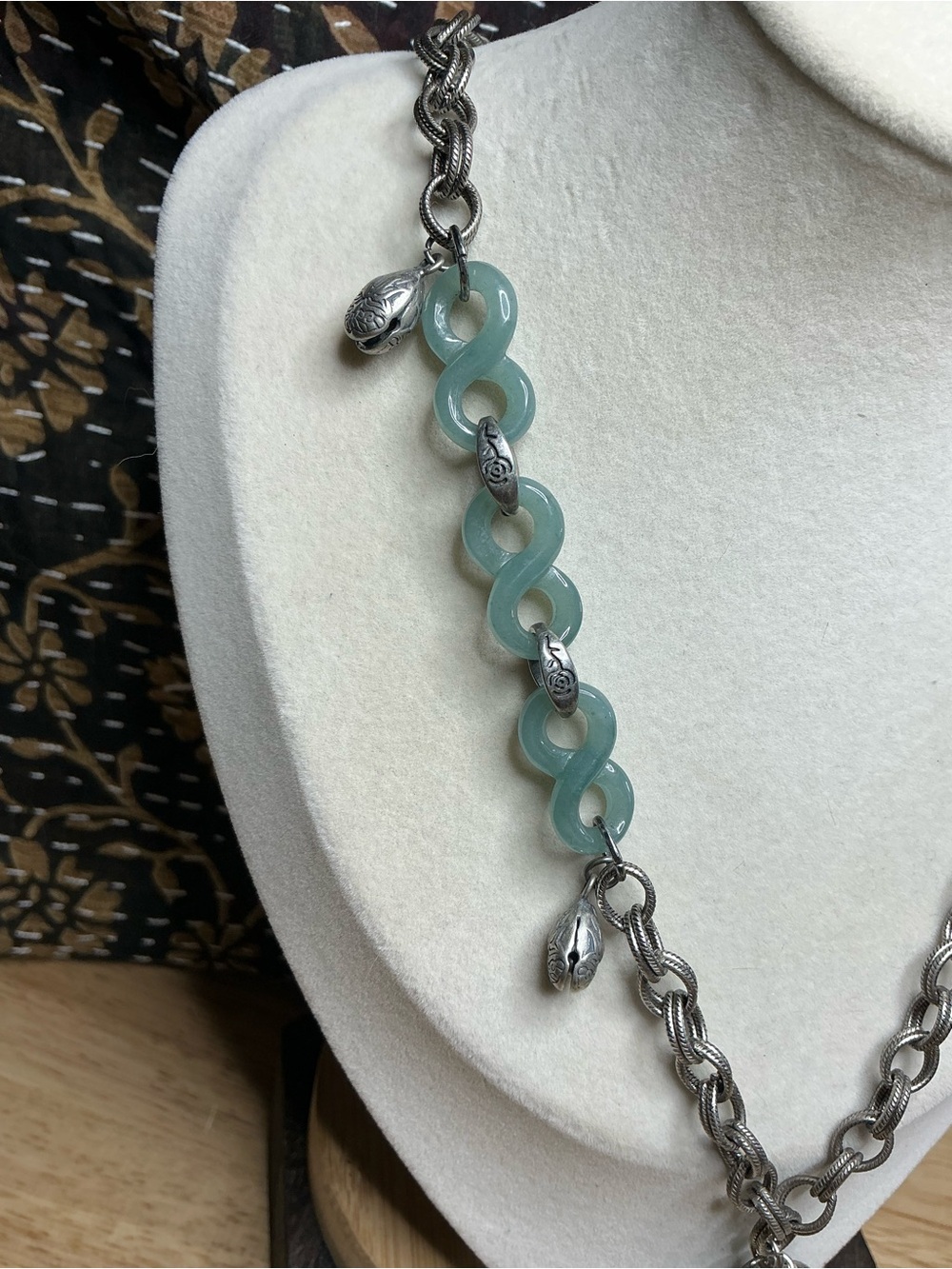 Antique Silver Rollo Necklace 17” with Angel Coin and Blue Water Jade Connectors - Picture 7 of 10